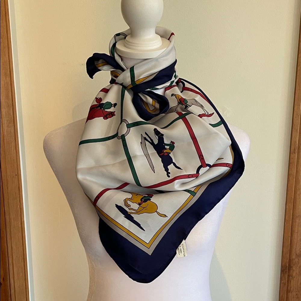 Vintage Multicolor Equestrian Horse Racing Square Italian Scarf